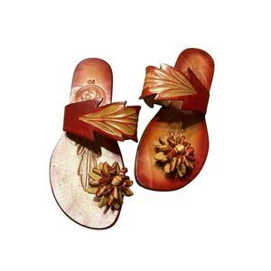 Klassic Leather Designs Red Leather Womens Sandals Sanvitalia Toe Post With leaf